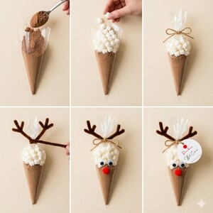 May include: A series of images showing how to make a reindeer hot chocolate cone. The cone is filled with cocoa and marshmallows, then decorated with pipe cleaner antlers, googly eyes, and a red pom-pom nose.