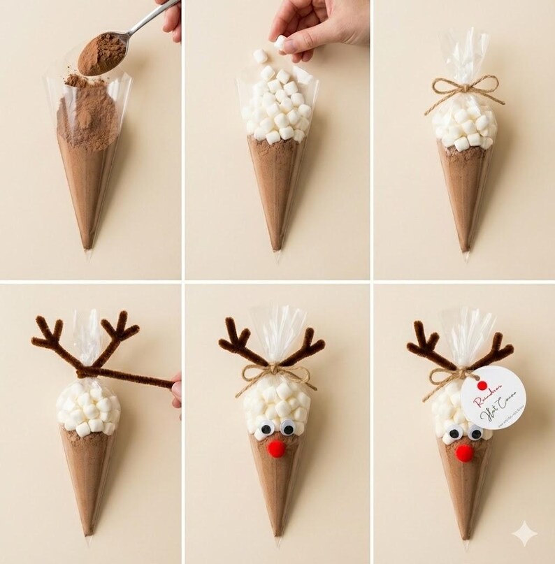 May include: A series of images showing how to make a reindeer hot chocolate cone. The cone is filled with cocoa and marshmallows, then decorated with pipe cleaner antlers, googly eyes, and a red pom-pom nose.