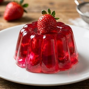 May include: A vibrant red gelatin dessert, topped with a fresh strawberry, sits on a white plate. Several ripe strawberries are scattered around the plate on a wooden surface. A small sieve is in the background.