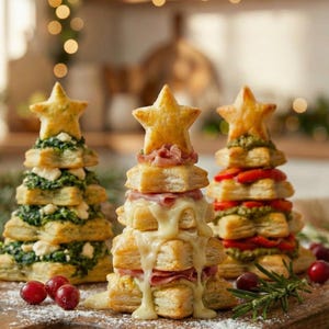 Peut inclure: Trois sapins de Noël comestibles faits de pâte feuilletée superposée, chacun surmonté d'une étoile dorée. Les arbres présentent diverses garnitures comme des épinards et du fromage, du jambon et du fromage fondu, et du pesto avec des poivrons rouges. Des canneberges et des brins de romarin sont disposés.