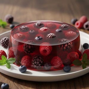 May include: A vibrant red jelly dessert with embedded raspberries, blackberries, and blueberries. The gelatinous treat sits on a white plate, garnished with fresh mint leaves. A refreshing and colorful dessert.
