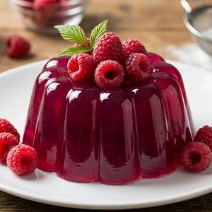 May include: A vibrant, ruby-red gelatin dessert, adorned with fresh raspberries and a sprig of green leaves, sits on a white plate. Additional raspberries are scattered around the plate and in glass bowls, suggesting a dessert or culinary theme.