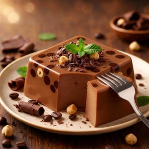May include: A square-shaped chocolate dessert with a slice cut out, garnished with mint leaves, hazelnuts, and chocolate shavings. The dessert is decorated with chocolate dots and served on a beige plate with coffee beans and chocolate curls scattered around.