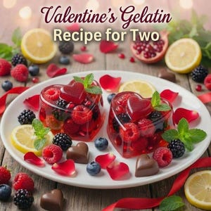 May include: A white plate with two heart-shaped gelatin desserts filled with raspberries, blackberries, and pomegranate seeds. The plate is garnished with lemon slices, rose petals, blueberries, and heart-shaped chocolates. Text reads "Valentine's Gelatin Recipe for Two."