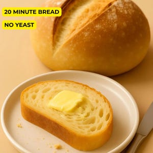 Receta rápida de pan casero sin levadura (PDF) / Guía de horneado suave, esponjoso y fácil en 20 minutos / Descarga digital instantánea para principiantes