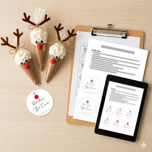 May include: Three novelty reindeer hot chocolate cones with marshmallow 'snow', googly eyes, and red noses. Brown paper cones are topped with brown pipe cleaner antlers. A clipboard with instructions, a tag, and a tablet are also in the image.