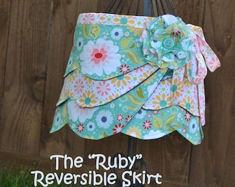 Reversible Wrap Skirt, Girl PDF Sewing Pattern, Fabric Flower Pattern, Instant Download