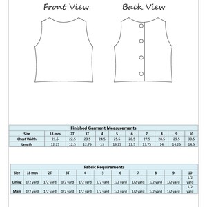 May include: A chart with instructions for sewing a sleeveless vest. The chart includes measurements for different sizes, from 18 months to 10 years old. It also includes fabric requirements for lining and main fabric.