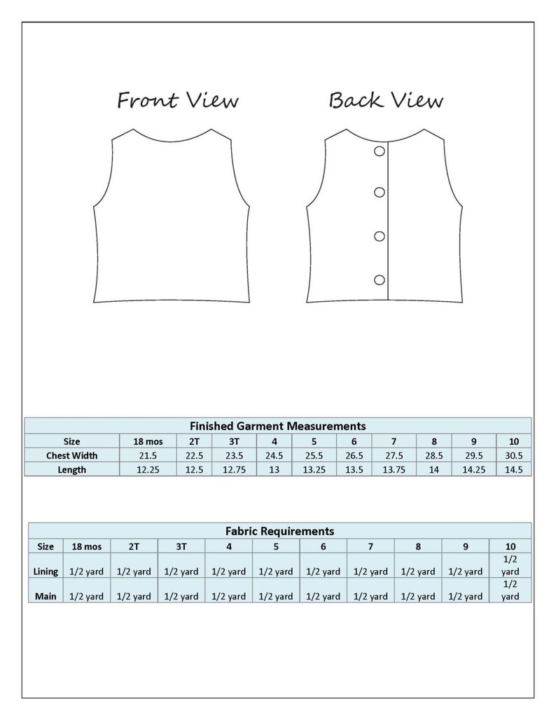 May include: A chart with instructions for sewing a sleeveless vest. The chart includes measurements for different sizes, from 18 months to 10 years old. It also includes fabric requirements for lining and main fabric.