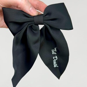 til death bow
embroidered bow
bachelorette bow
bridal hair bow 
edgy bride accessory
wedding date bow 
future name bow
til death party 
bride shower gift 
gothic bridal bow
hair bow for bride 
bachelorette gift
party hair bow