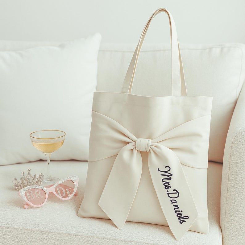 Personalized Bridal Tote Bag Custom Bow Tote Embroidered Name Tote Modern Bachelorette Bag Bridal Shower Gift Personalized Engagement Gift