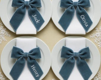 Custom Baby Shower Name Tag Personalized Velvet Bow Napkin Ring Custom Boy Baby Shower Place Setting Bow Embroidered Baby Shower Table Decor