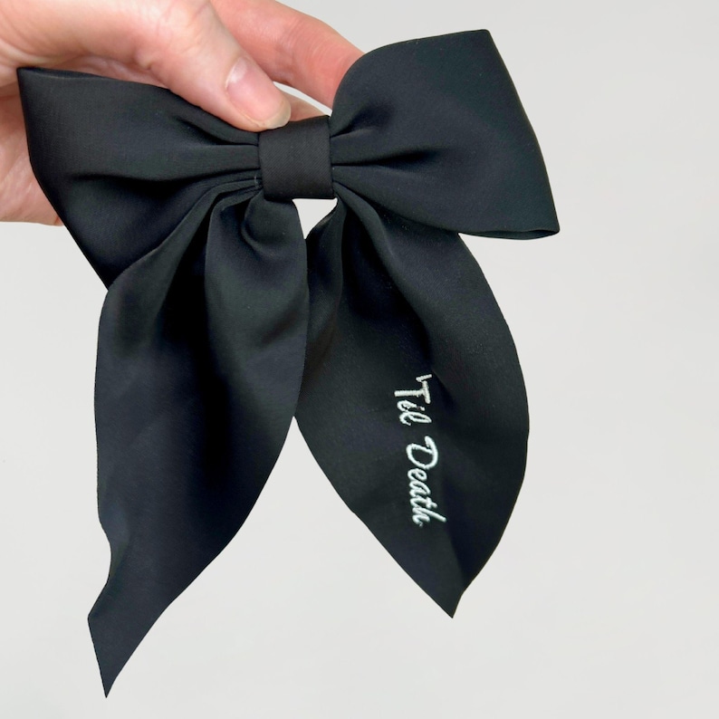 til death bow
embroidered bow
bachelorette bow
bridal hair bow 
edgy bride accessory
wedding date bow 
future name bow
til death party 
bride shower gift 
gothic bridal bow
hair bow for bride 
bachelorette gift
party hair bow