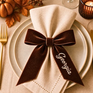 May include: A beige fabric napkin folded and secured with a dark brown velvet ribbon bow. The ribbon features the name Georgia embroidered in white script on one of the long, pointed tails. The napkin rests on a round, light-colored ceramic plate.