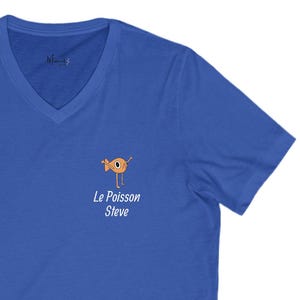 Le Poisson Steve V-neck T-shirt (White or Blue) - Unisex Cotton Graphic Tshirt - Funny French Fish Meme