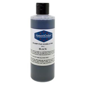 May include: A bottle of AmeriColor black stamp pad edible ink. The bottle has a black cap and a white label with the AmeriColor logo and product information. The ink is black and the bottle is filled to the top.
