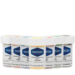 May include: A collection of AmeriColor powdered food color jars with white lids. The jars are labeled with colors like brown, orange, blue, and yellow. The labels also state the product is nut and gluten-free.