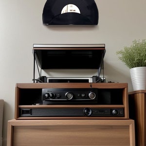 May include: A wooden media console with a record player, audio components, and a mounted vinyl record. The console has a light brown finish and a minimalist design. A small potted plant sits on a side table.