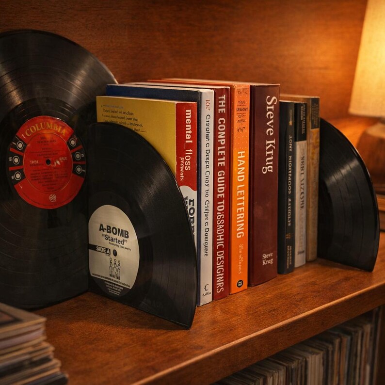 May include: A collection of books held between two black vinyl records, creating a unique bookshelf. The records have labels with text and a red and white design. The books have colorful spines and titles.