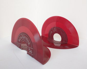 Red Vinyl Record Bookends, Upcycled 45 RPM, Music Lover Gift, Indie Sleaze Style