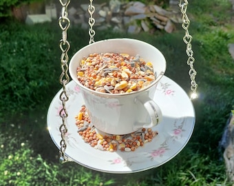 Floral Bird Feeder – Cup and Saucer Birdfeeder with Silver Trim, Pink Roses, Chrome Chain – Shabby Chic Garden Decor, Unique Outdoor Gift