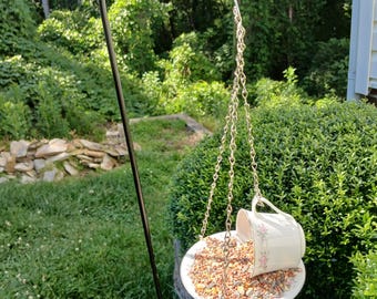 Birdfeeder, Floral Cup and Saucer with Silver Trim, Pink Roses, Chrome Chain – Shabby Chic Garden Decor, Unique Gift, Cottagecore Charm
