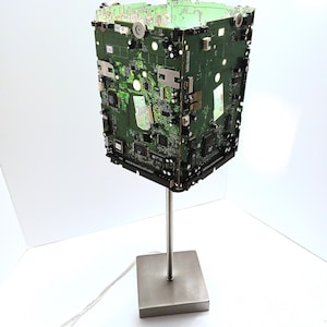 Circuit Board Lamp - Chrome Desk Light with Circuit Board Shade - Cyberpunk Bedroom Night Light - Low Glow Tech Decor - Engineer Gift
