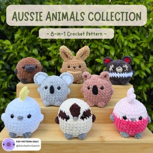 May include: A collection of eight crocheted plush animals including a platypus, kangaroo, koala, and various birds. The text reads AUSSIE ANIMALS COLLECTION, 8-in-1 Crochet Pattern, and PDF PATTERN ONLY @StitchesForSwitch.