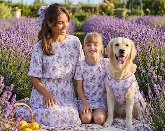 Matching Dog and Owner Set, Mommy and Me Floral Dresses Lavender Spring Outfit Matching Family Pet Clothes Dog Mom Gift Girl Frock Scrunchie