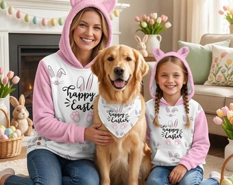 Matching Family Easter Apparel Kids Bunny Hoodie Womens Sherpa Pullover Dog Easter Bandana Pet & Owner Set Mommy and Me Cute Spring Outfits