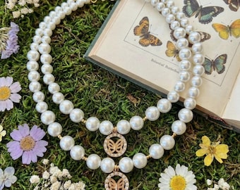 Matching Pearl Dog & Owner Necklace Set | Butterfly Charm Pet Jewelry