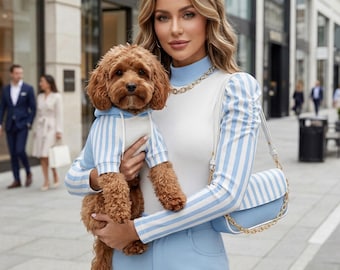 Matching Dog and Owner Outfit Set | Blue Striped Bodysuit, Wide Leg Pants & Pet Hoodie | Dog Mom Gift Cavapoo Frenchie Matching Pet Clothes