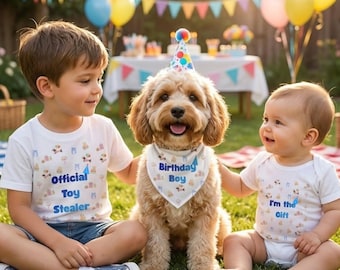 Matching Birthday Outfit Set: Kids T-Shirt, Baby Onesie, Dog Bandana