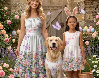 Matching Pet and Owner Easter Outfits | Floral Butterfly Dresses & Dog Tank top Mother Daughter and Pet Spring Dress Easter Family Photo Set