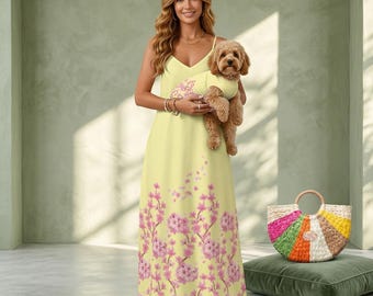 Matching Pet and Owner Outfit | Yellow Floral Maxi Dress & Pet Tank Set | Dog Mom Gift | Spring Boho Straw Bag | Mothers Day Matching Set