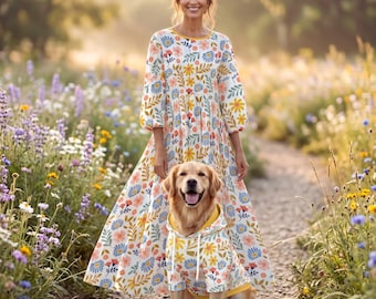Matching Dog and Owner Set Floral Dress and Pet Hoodie | Dog Mom Outfit | Boho Matching Pet Apparel | Dog Lover Gift | Cute Dog Clothes