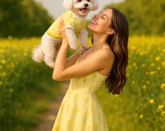 Matching Yellow Floral Dress & Pet Outfit Set, Boho Summer Style