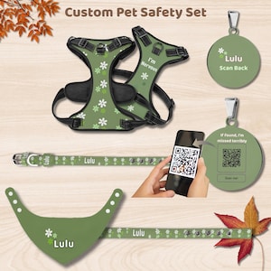 Personalized Dog Bandana Collar Harness Set: Custom Pet ID Tag, Reflective, Anxious Dog Option