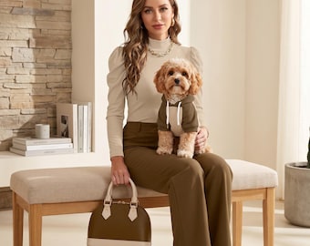 Matching Dog and Owner Outfit Set | Beige Bodysuit, Brown Wide Leg Pants & Pet Hoodie | Dog Mom Gift Cavapoo Frenchie Matching Pet Clothes