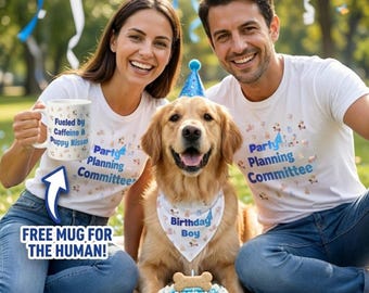 Matching Dog Birthday Outfit: Party T-Shirts, Bandana & Free Mug
