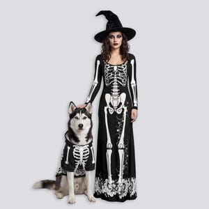 Skeletthäxklänning och matchande husdjurshoodie | Matchande Halloween-set för husdjur och ägare, skeletthundkostym, gotisk cosplay-kostym