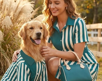 Matching Pet and Owner Striped Outfit | Teal Dress, Dog Hawaiian Shirt and Handbag