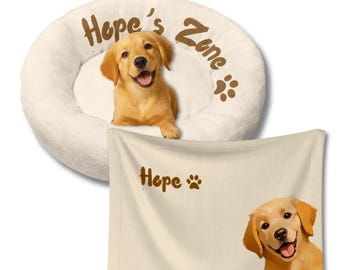 Personalized Pet Bed & Blanket Set: Custom Portrait, Plush Donut Bed