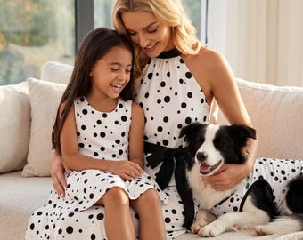 Matching Pet and Owner Set | Mommy and Me Black Dot Dress, Matching Kids Frock and Dog Tank Top, Black and White Polka Dot Family Outfits