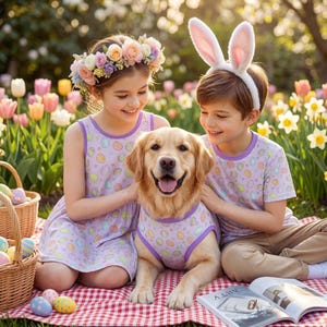 Matching Easter Outfits for Kids and Dog, Purple Easter Egg Dress Sibling Spring T-Shirt Pet Tank Top Siblings and Pet Family Dog Easter Set