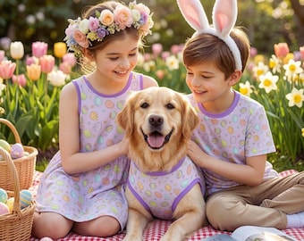 Matching Easter Outfits for Kids and Dog, Purple Easter Egg Dress Sibling Spring T-Shirt Pet Tank Top Siblings and Pet Family Dog Easter Set