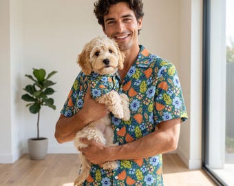 Passender Hund und Herrchen Hawaii-Shirt-Set, Vatertagsgeschenk für Hundepapa, Passendes Hunde-Shirt und Männer, Vintage Blumen-Haustierkleidung, Partnerlook