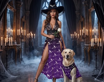 Déguisements d'Halloween assortis pour chien et maître, ensemble robe gothique en dentelle pour femme et débardeur pour animal de compagnie toile d'araignée sorcière, vêtements assortis pour propriétaire d'animal