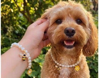 Matching Pearl Pet Necklace & Owner Bracelet Set - Bee and Flower Charm