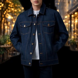 Men’s Dark Indigo Denim Trucker Jacket | Handmade Style Casual Blue Jean Jacket